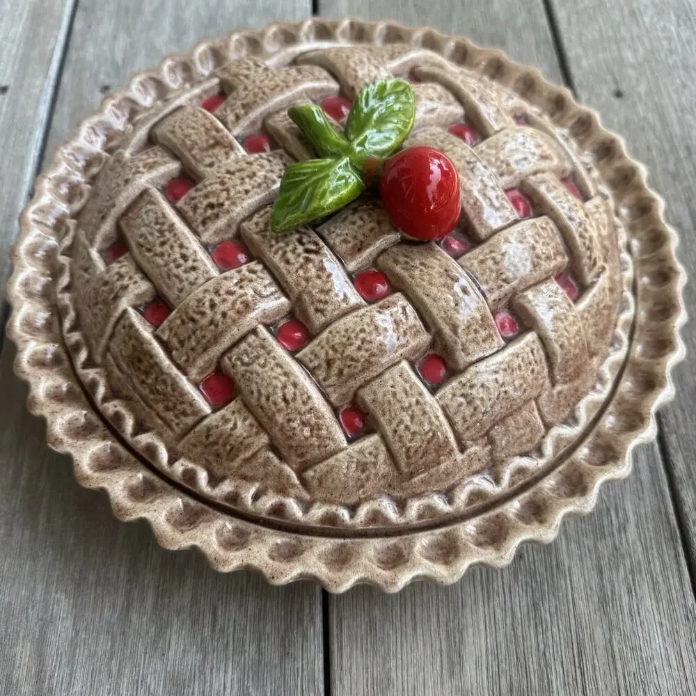 Vintage Ceramic Cherry Pie Keeper Dish with Lid Cottagecore